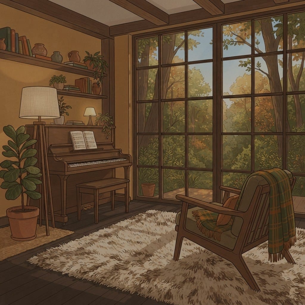 A cozy lofi room with a piano