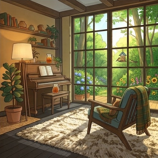 A cozy lofi room with a piano, styled for summer